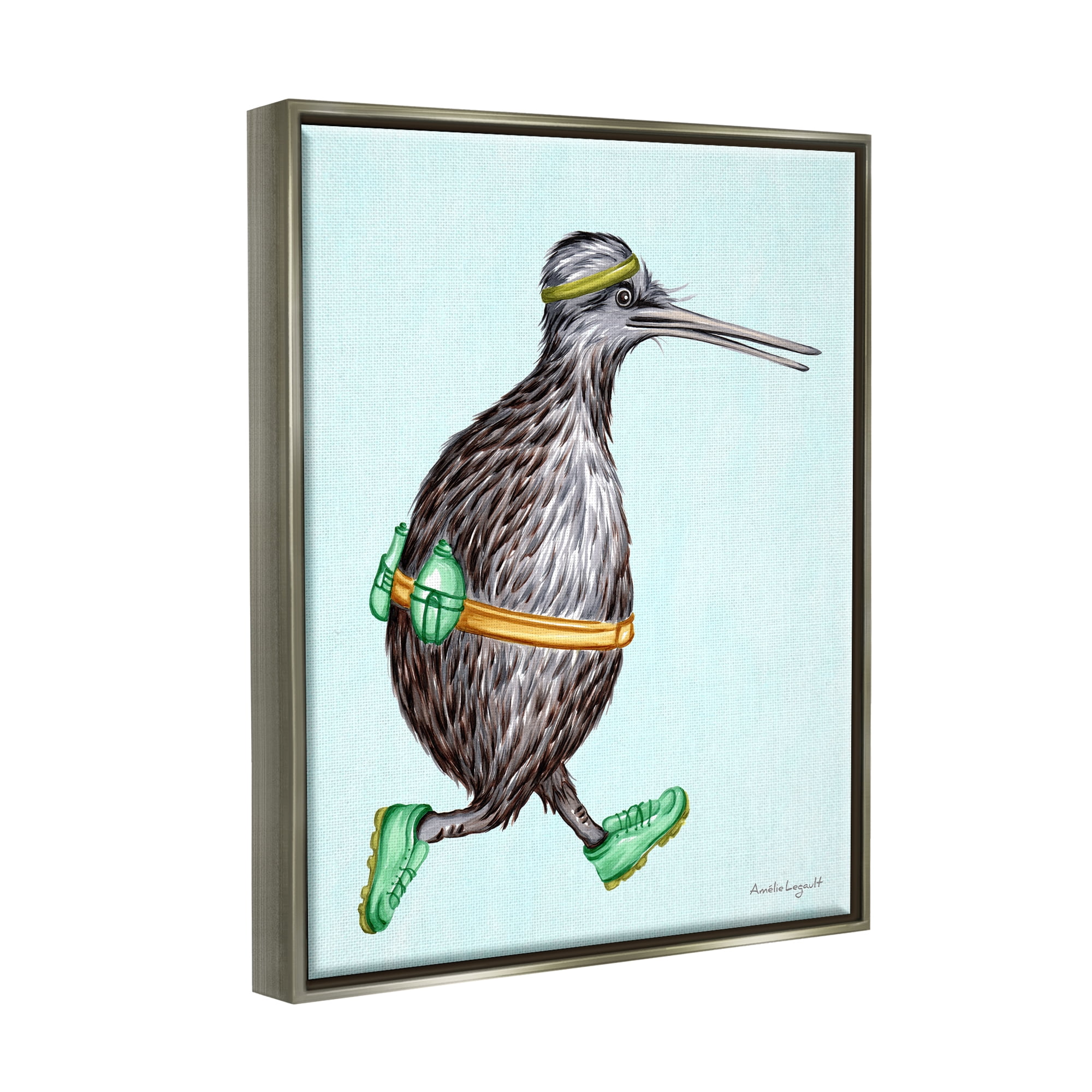 Stupell Industries Kiwi Bird Jogging Exercise Clothing Sneakers Illustration Graphic Art Luster Gray Floating Framed Canvas Print Wall Art, Design by Amelie Legault