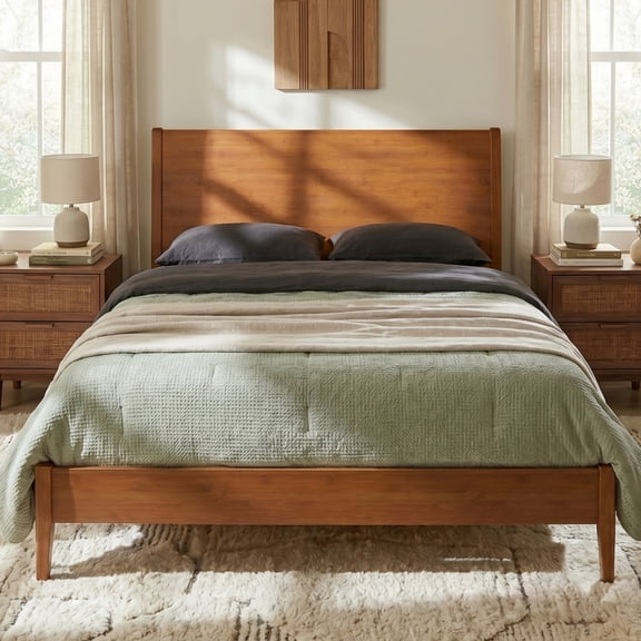 Euroco Bamboo Wood Platform Bed, Mid-Century Queen Size Bed, Walnut