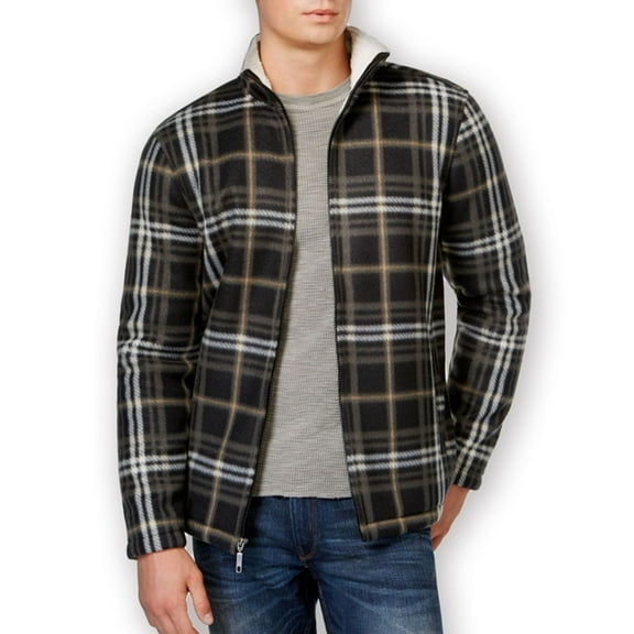 Club Room Mens Plaid FZ Fleece Jacket, Black, Big & Tall, XLT