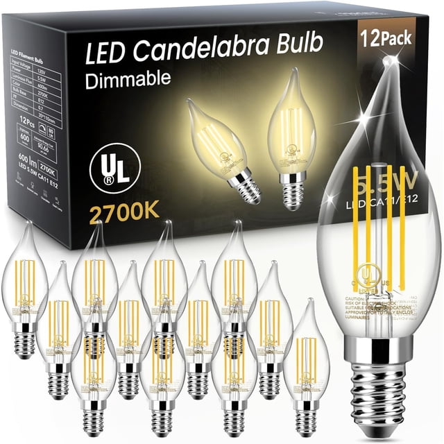 Bombilla LED para candelabro TJOY E12, regulable, 5,5 W, 2700 K, 600 lm, paquete de 12
