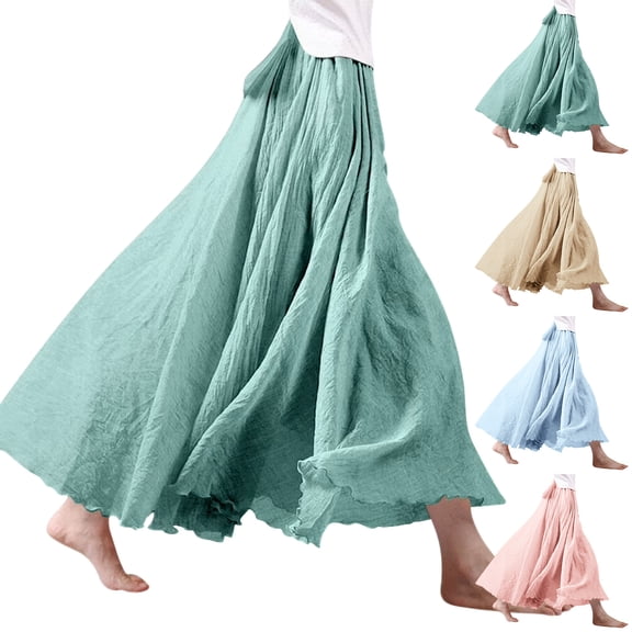larppty Women's Bohemian Style Elastic Waist Band Cotton Linen Long Maxi Skirt Dress(Light Green, L)
