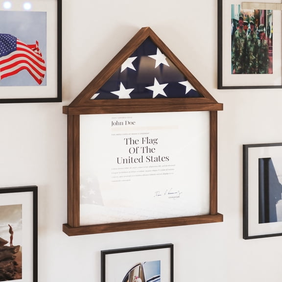 Emma Oliver Small Rustic Brown Finished Solid Wood Memorial Flag Case with Certificate Holder and Shadow Box Display for 3'x5' Flag