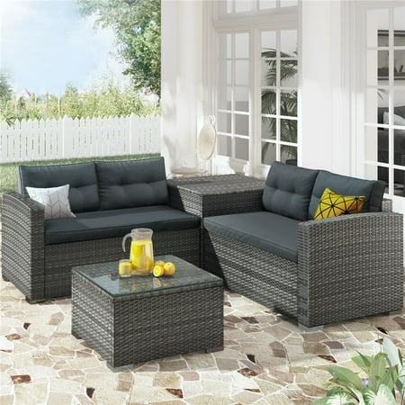 Outdoor Wicker Furniture Sets 4 Piece Patio Conversation Set with Storage Box Coffee Table 2 Sofas PE Rattan Wicker Bistro Patio Set with Gray Cushions for Backyard Porch Garden Pool L3572