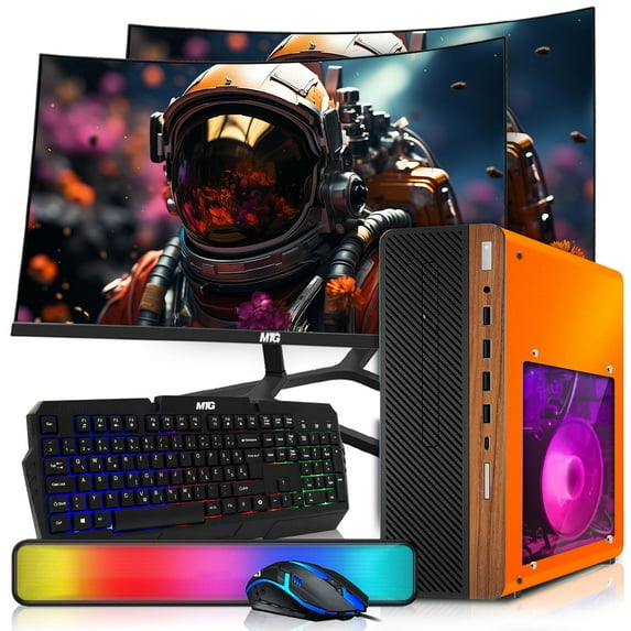 Restored HP Half Dark Desktop Computer PC Phoenix AMD A10-9700, 16GB RAM, 1TB SSD, Dual 24 Inch Curved Monitor, RGB KBM with AI Copilot, WiFi, RGB Sounbar, Windows 11 (Refurbished)