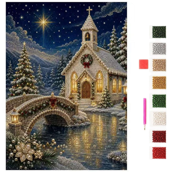 DIY Christmas Pearl Diamond Art Painting Kit, 5D Pearl Art Craft for Adults and Beginners, Christmas Church Wall Decor, Holiday Gifts, 12 x 16 Inch (Style B)