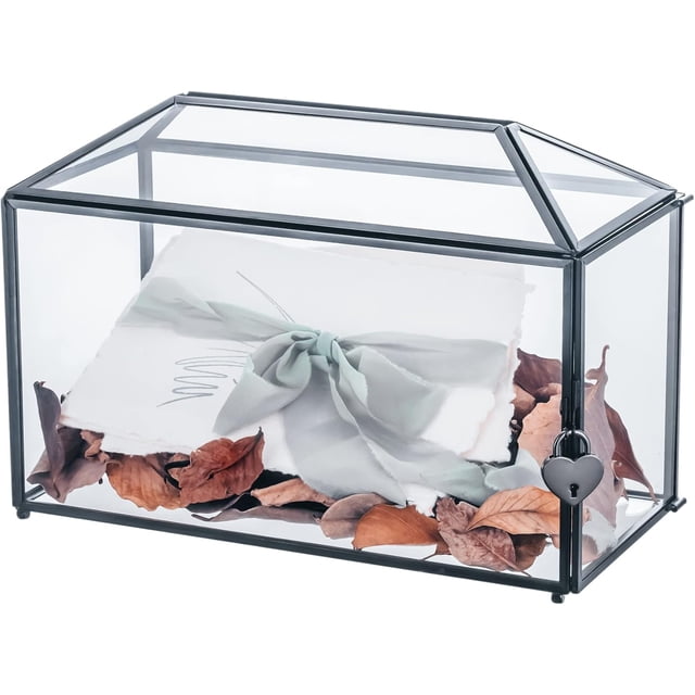 Small .‘‘ x .‘‘ x .‘‘ Glass Card Box with Slot & Lock for Wedding Reception Geometric Clear Envelops Box Suitable for x es Cards Gold (Slot Length cm) Handmade