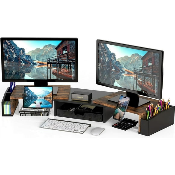 UTAH-SimpleHouseware Dual Monitor Stand Riser of Adjustable Length and Angle Shelf with Holder and Drawer, Rustic Brown