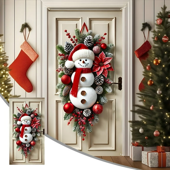 Holloyiver Christmas Door Cover, Christmas Snowman Door Banner Hanging Cloth, Christmas Front Door Decorations, Elastic Fabric Door Cover Christmas for Festive Party Home Decor