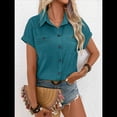 thumbnail image 4 of Camisa Plisada de Corta con Botones para Mujer, Blusa Informal de Negocios de Corte Entallado con Bolsillo, Verano 2025. Azul Pavo Real XXL, 4 of 9