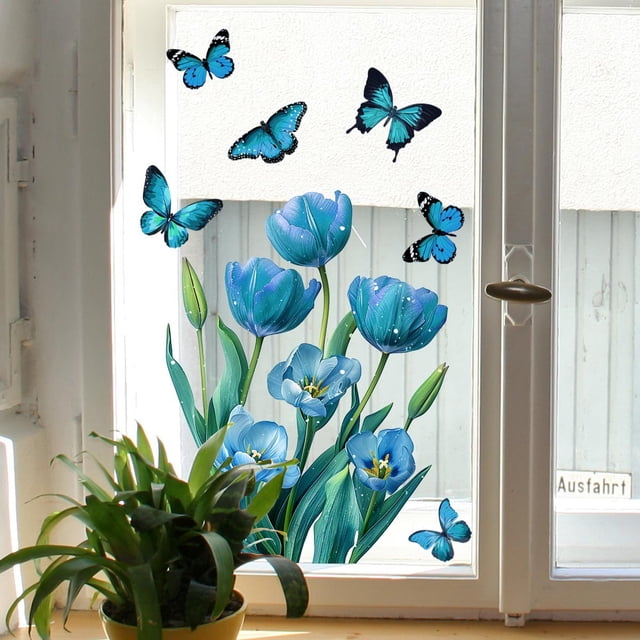Pegatinas de Ventana Doble Cara Ganfancp Flor Azul Visible Removible Liquidación 1X Pegatina