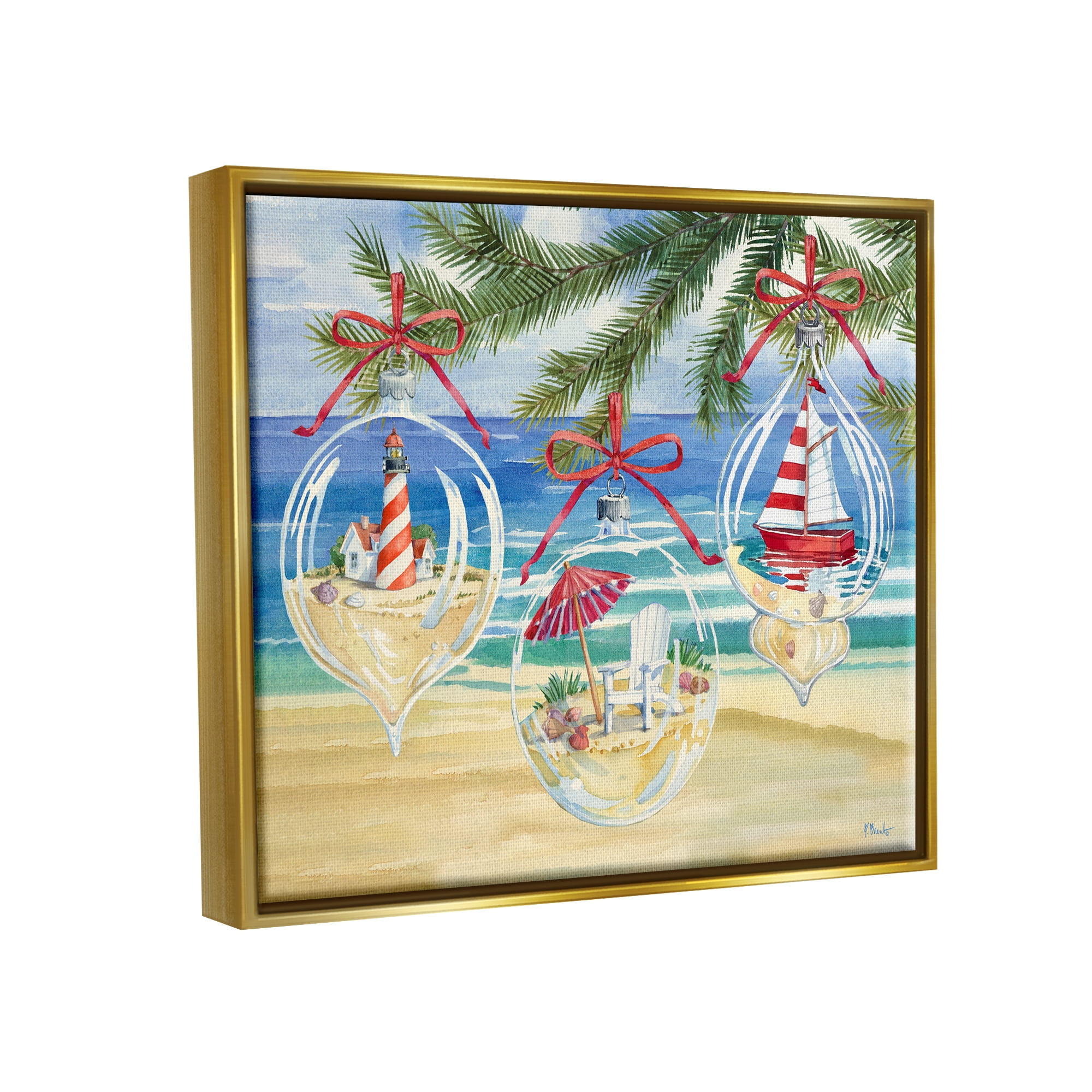 Stupell Industries Coastal Christmas Ornaments Holiday Painting Gold Floater Framed Art Print Wall Art, 21 x 17
