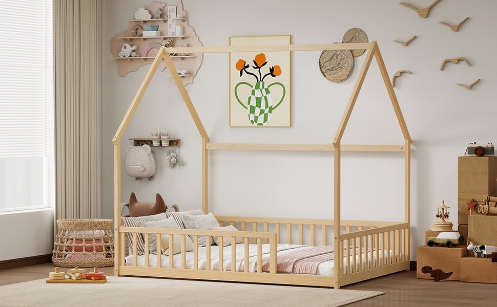 Mintazer Full Size House Toddler Floor Bed with Guardrails, Kids Montessori Low Bed with Roof Frame for Bedroom Playroom, Natural