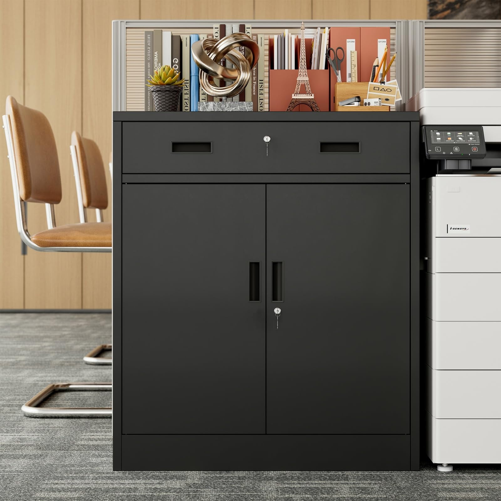 BESFUR Metal Garage Storage Cabinet with 2 Doors and 2 Drawers, Locking Stoage Cabinet for Garage, Classroom and Office - Black