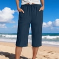 thumbnail image 4 of Women's Cotton Linen Capri Pants, Elastic Drawstring Waist Straight Leg Cropped Pants with Pockets, Casual 3/4 Length Beach Pants for Vacation, Spring, Summer and Daily Wear Navy XL, 4 of 9
