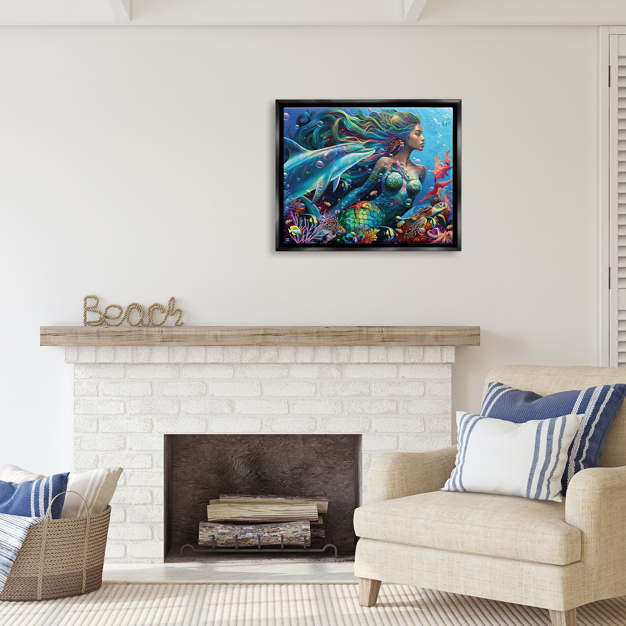 Stupell Industries Mermaid Underwater Sea Life Fairy Tales & Fantasy Painting Black Floater Framed Art Print Wall Art, 31 x 25