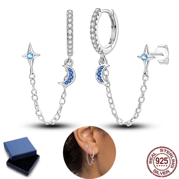 NARMO 925 Sterling Silver Double Layer Star Moon Hoop Earrings for Women, Hypoallergenic Sparkling 5A Zircon Jewelry Gift with Box