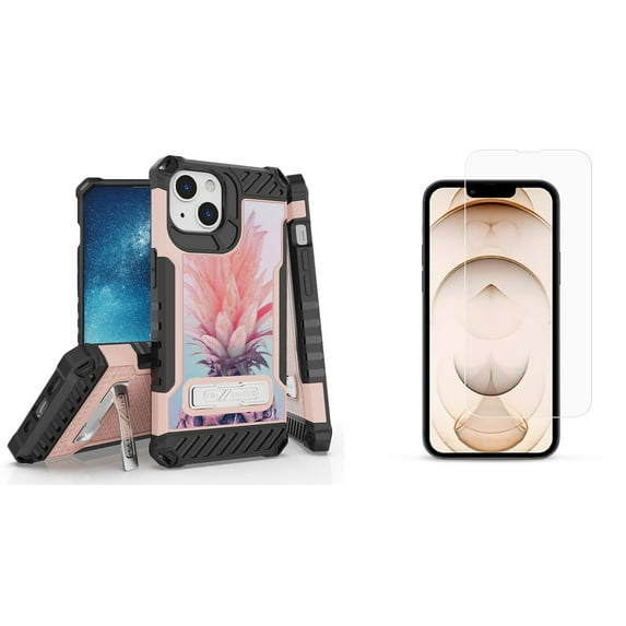 Bemz iPhone 13 Mini Bundle: Tri Shield Military Grade Armor Rugged Case (Cool Pineapple), Premium Glass Screen Protectors (2-Pack)