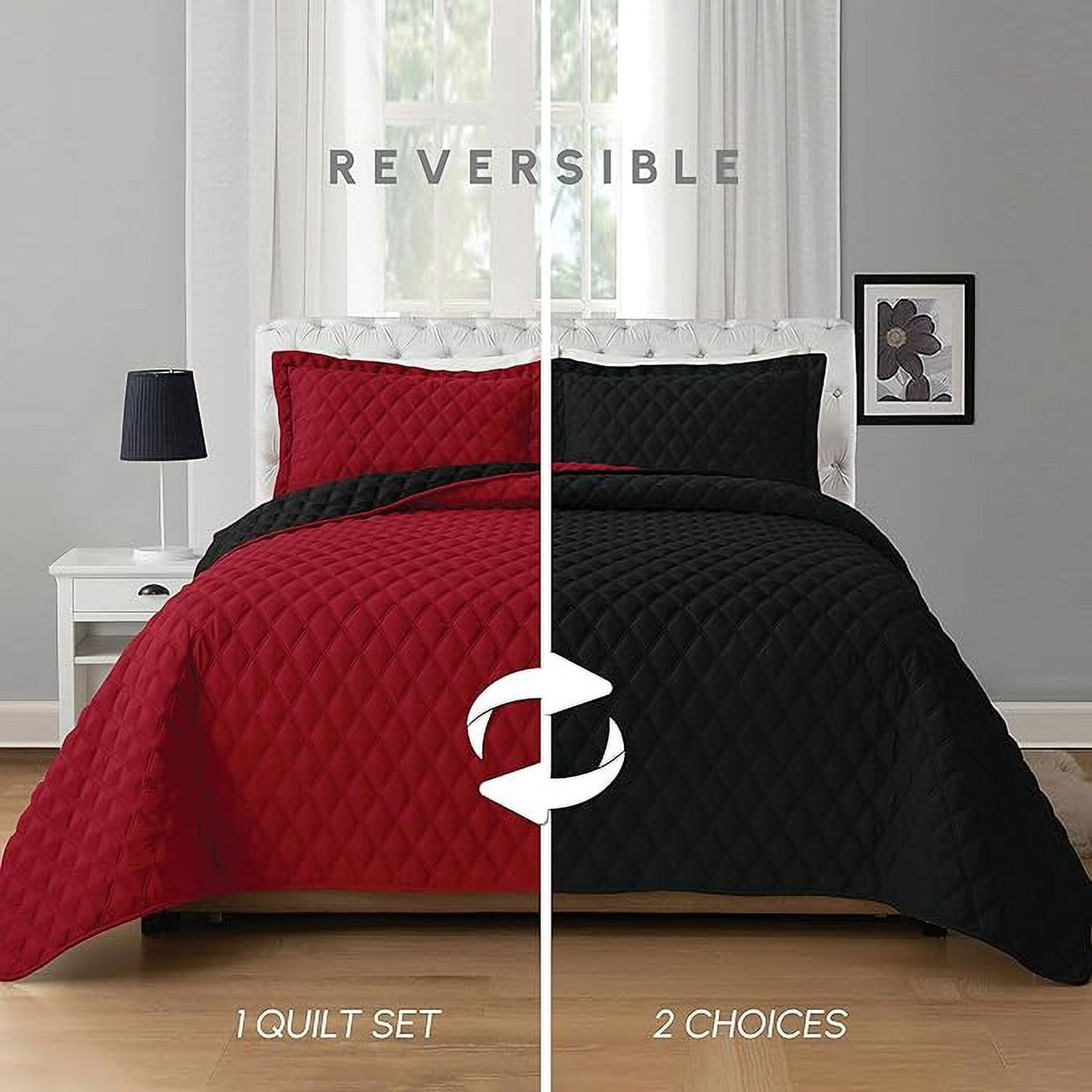 Elegant Comfort 3-Piece Quilted Reversible Bedspread Coverlet Set with Pillow Shams, Exquisite Diamond Stitching All Season Heavy Weight-Ultra Soft Premium Quilt- King, Black/Burgundy