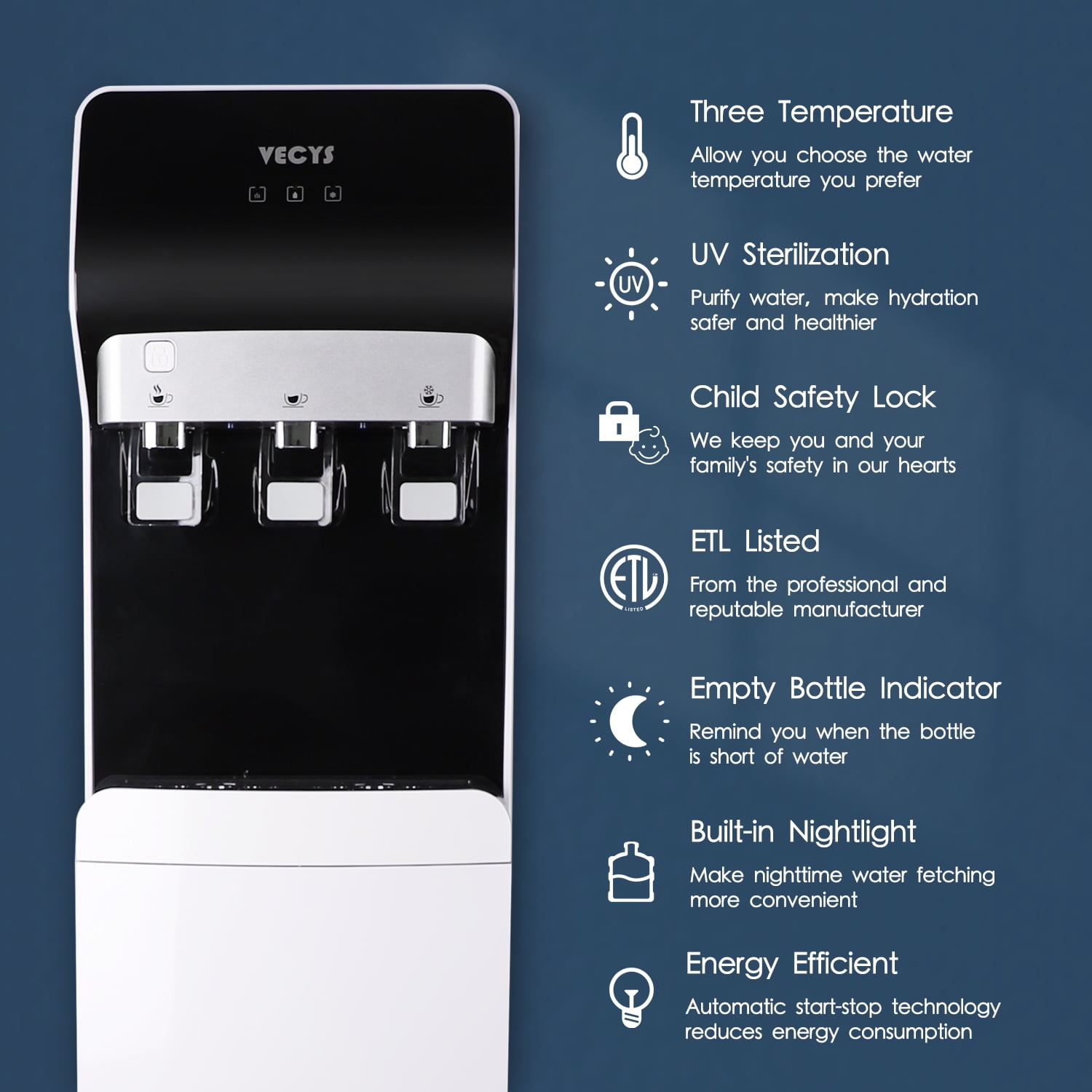 VECYS 3 or 5 Gallon Bottom Loading Water Dispenser for Hot, Room and Cold Water with Child Safety Lock, UV Self-cleaning Compressor Water Cooler Built-in 304 Stainless Steel Reserviors and Nightlight