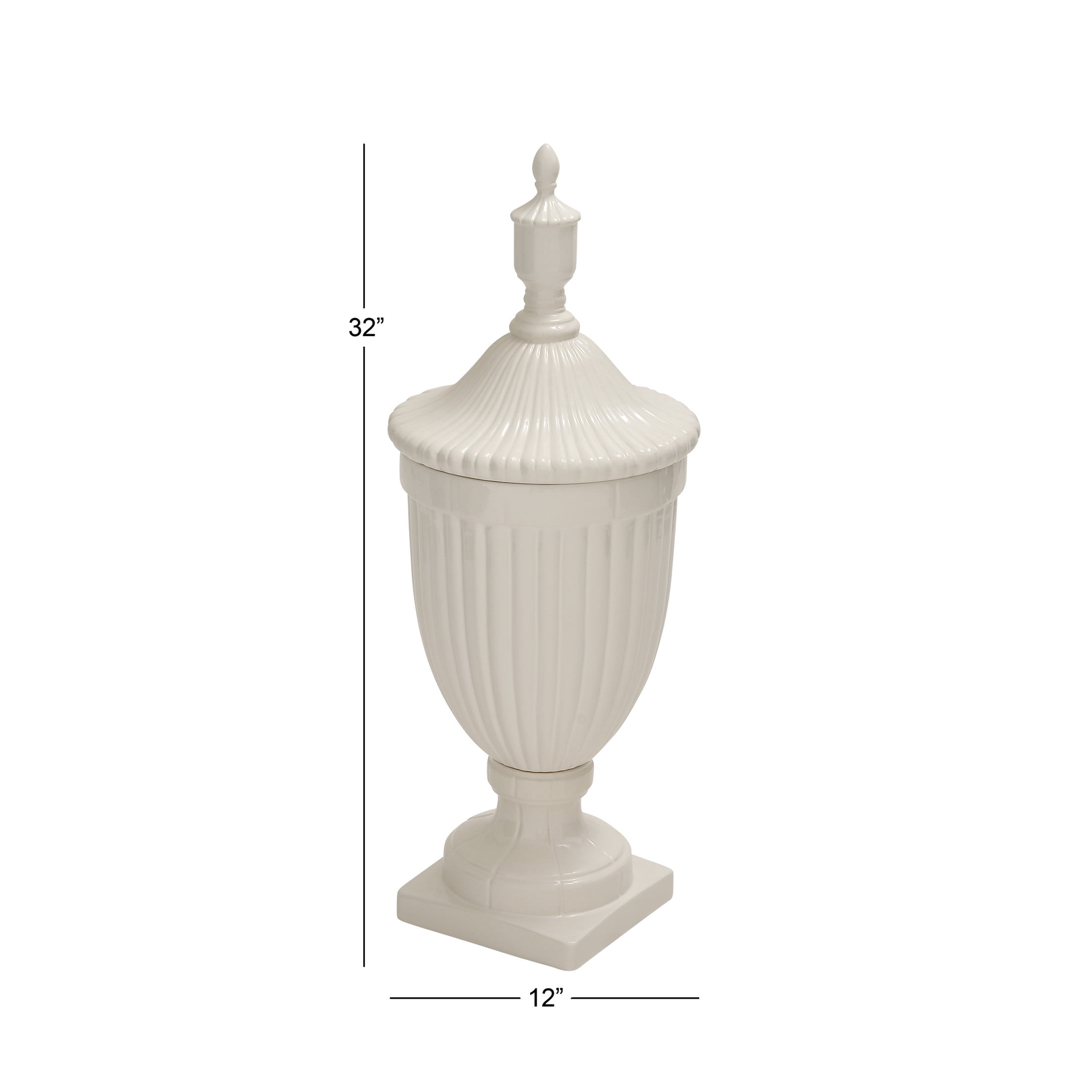 DecMode 12" x 32" White Ceramic Tall Fluted Urn Decorative Jars with Grooves and Lid, 1-Piece