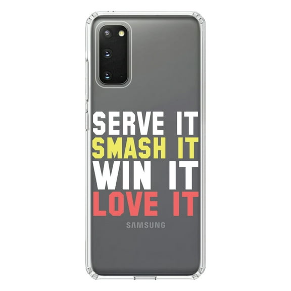 DistinctInk Clear Shockproof Hybrid Case for Galaxy S20 ULTRA / 5G (6.9" Screen) - TPU Bumper Acrylic Back Tempered Glass Screen Protector - Serve It Smash It Win It Love It Tennis