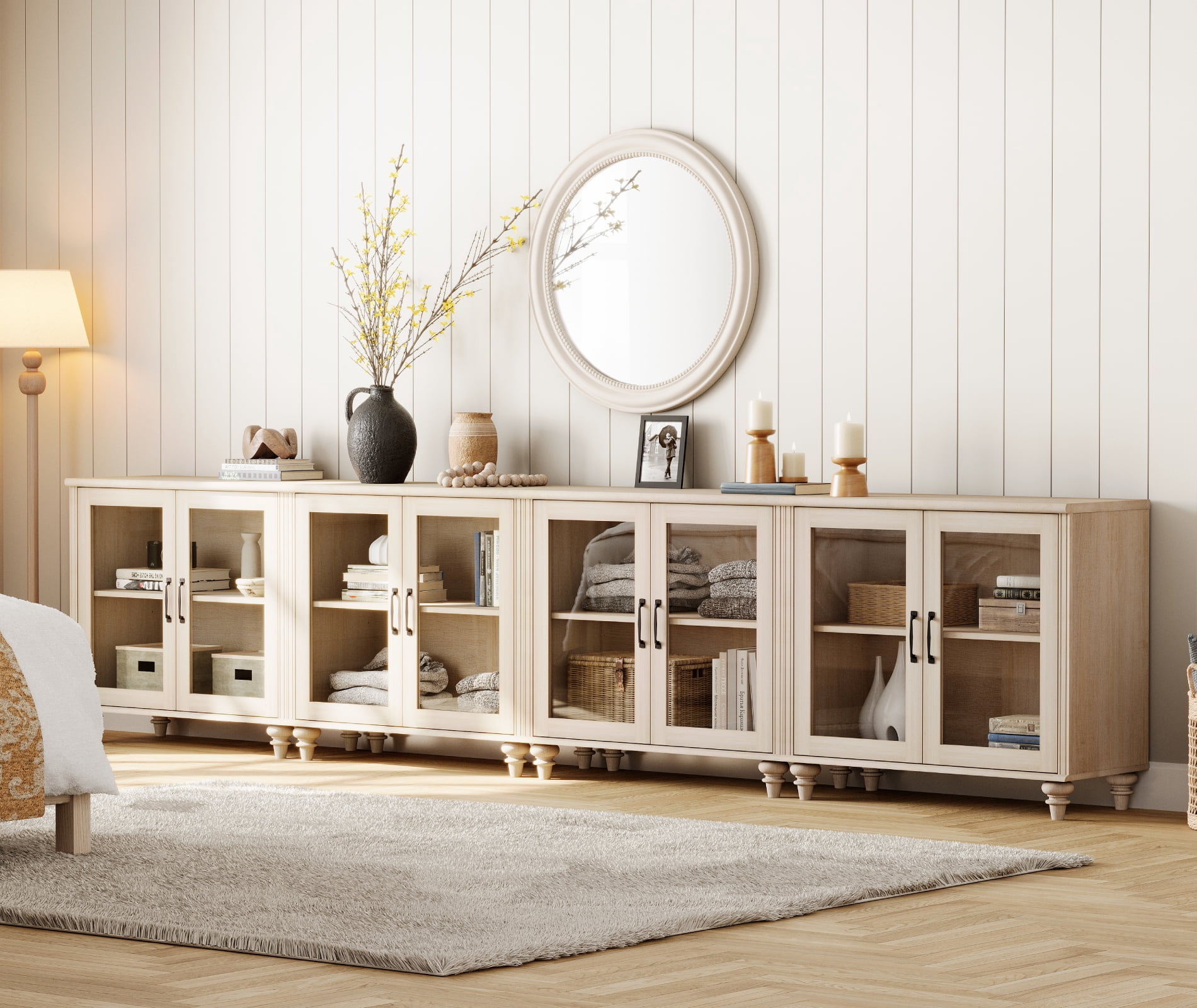 100" TV Stand, Ample Storage Cabinet with 8 Glass Doors, Wooden Entertainment Center Storage Cabinet for Living Room or Dining Room or Bedroom, Beige
