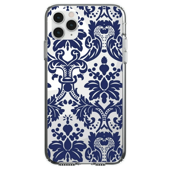 DistinctInk Clear Shockproof Hybrid Case for iPhone 12 MINI (5.4" Screen) - TPU Bumper, Acrylic Back, Tempered Glass Screen Protector - Blue Grey Damask