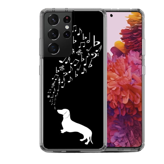 Shockproof Hybrid Bumper Phone Case for Samsung Galaxy S21 Ultra, by OneToughShield ® - Dachshund/Puppy Music