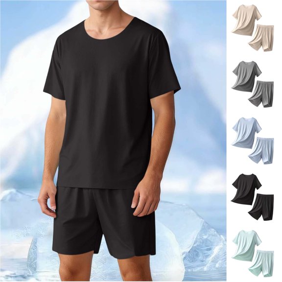 Maqroz Plus Size 2 Piece Sets for Men Short Sleeve Crew Neck Top Elastic Waist Shorts Casual Loose Lightweight Breathable Loungewear Cozy Soft Pajama Set