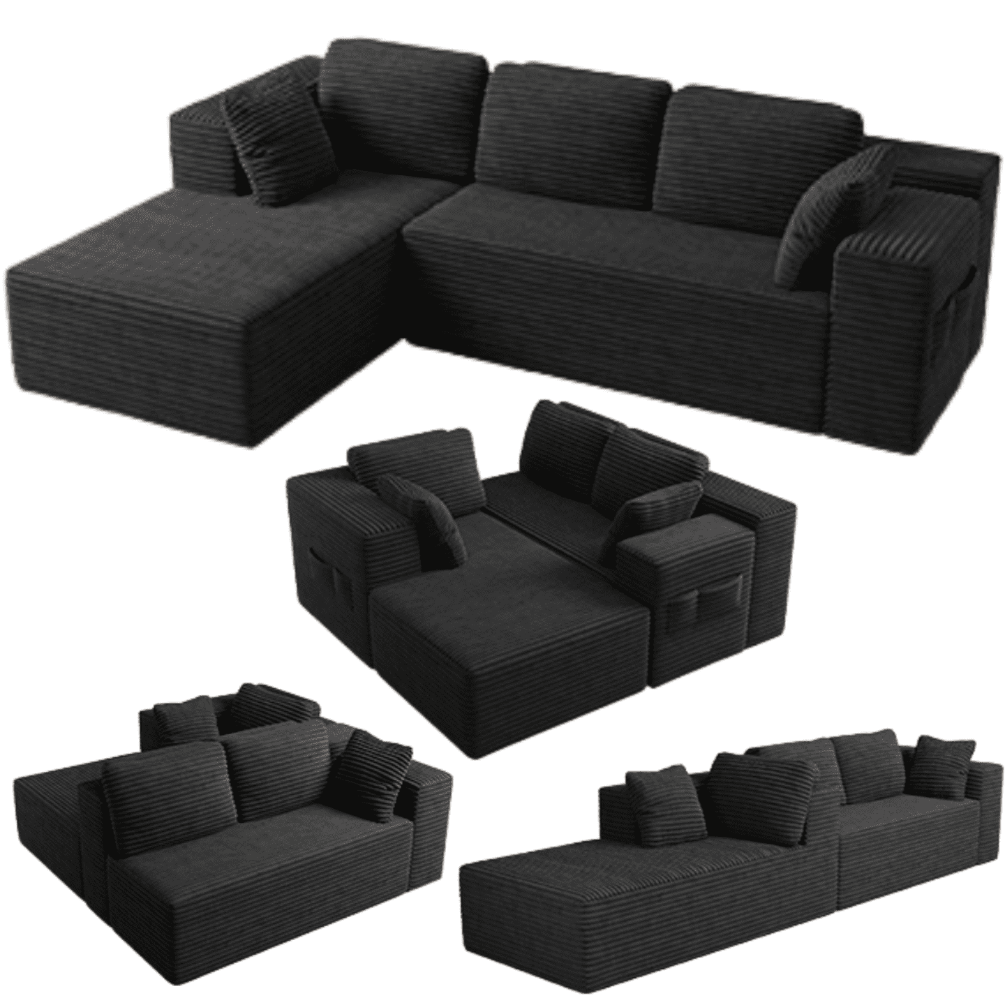 Lofka 105" L-Shaped Sectional  Sofa, 4-in-1 Modular Sofa Bed with Deep Seat, No Assembly Velvet for Living Room Office, Black