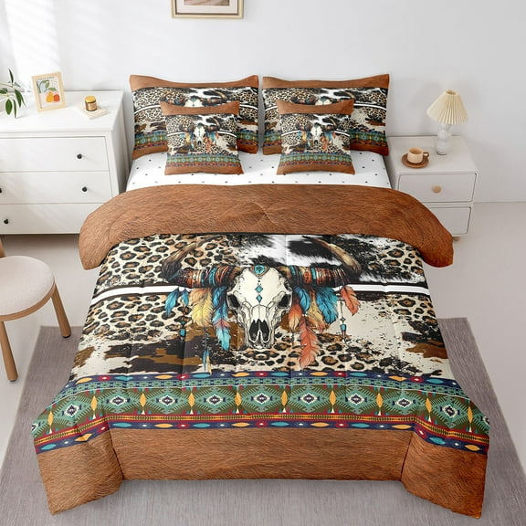 Erosebridal Tribal Sheep Skull Bedding Twin Size, Geometric Aztec Bed in a Bag Twin size, Cheetah Leopard Print Reversible Bed Set, Super Cozy Room Decoration, 7pcs