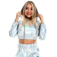thumbnail image 6 of IBTOM CASTLE Women's Shiny Crop Top Hoodie Metallic Rave Casual Long Sleeve Hooded Pullover Workout Sweatshirt Disco Dance Clubwear XXL Holographic Silver, 6 of 8