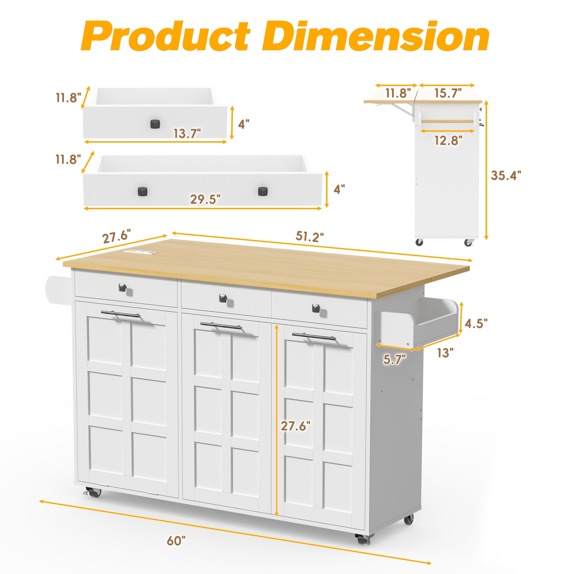 ZIDTIA 60" Kitchen Island with Drop Leaf & Power Outlet, Kitchen Rolling Island with Spice Rack & Towel Rack, Mobile Kitchen Storage Cart with Trash Cabinet, White