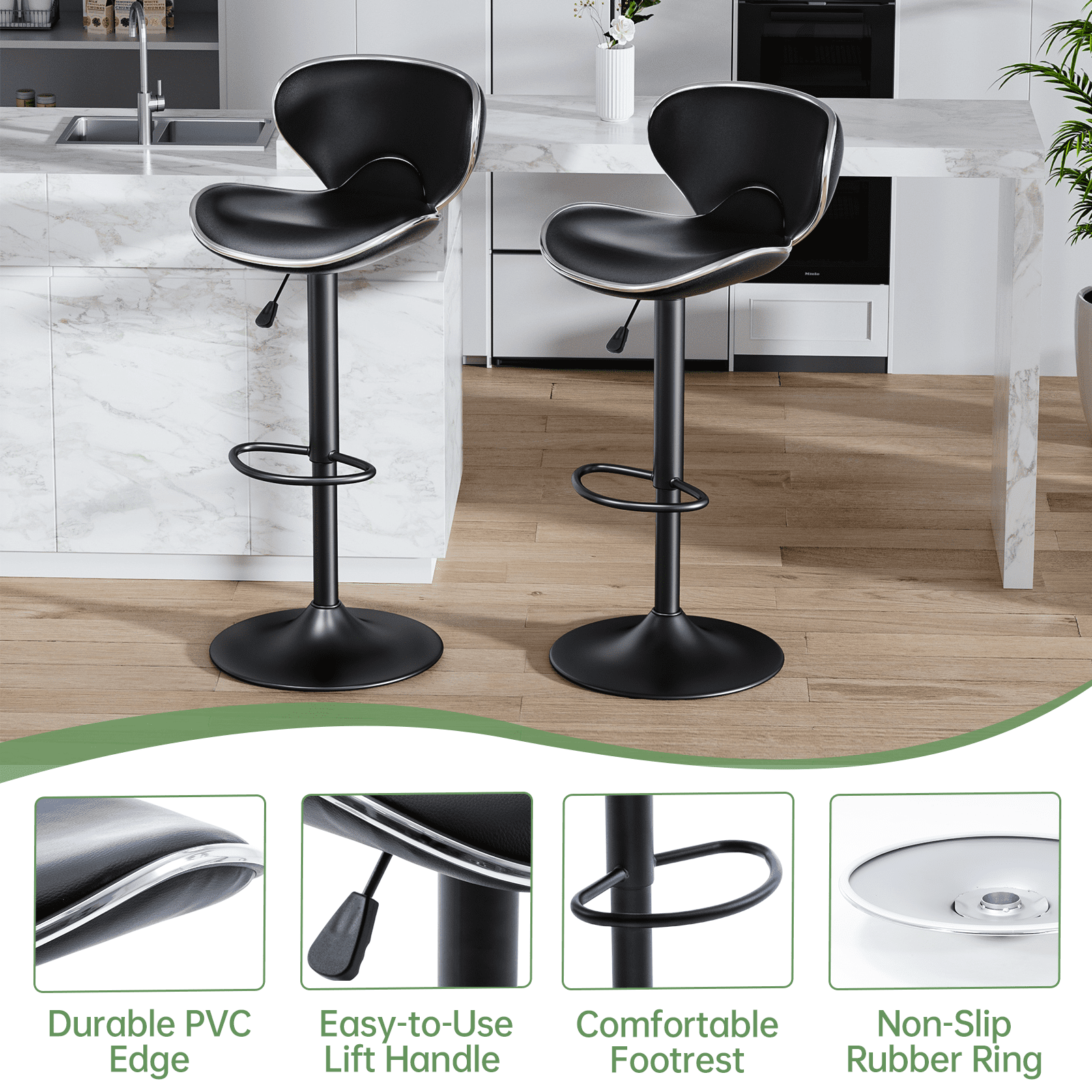 Bar Stools Set of 2, Adjustable Swivel Barstools, Modern PU Leather Counter Height Stools with Back and Footrest for Island, Dining, Bistro, Pub (Black/Black Base)
