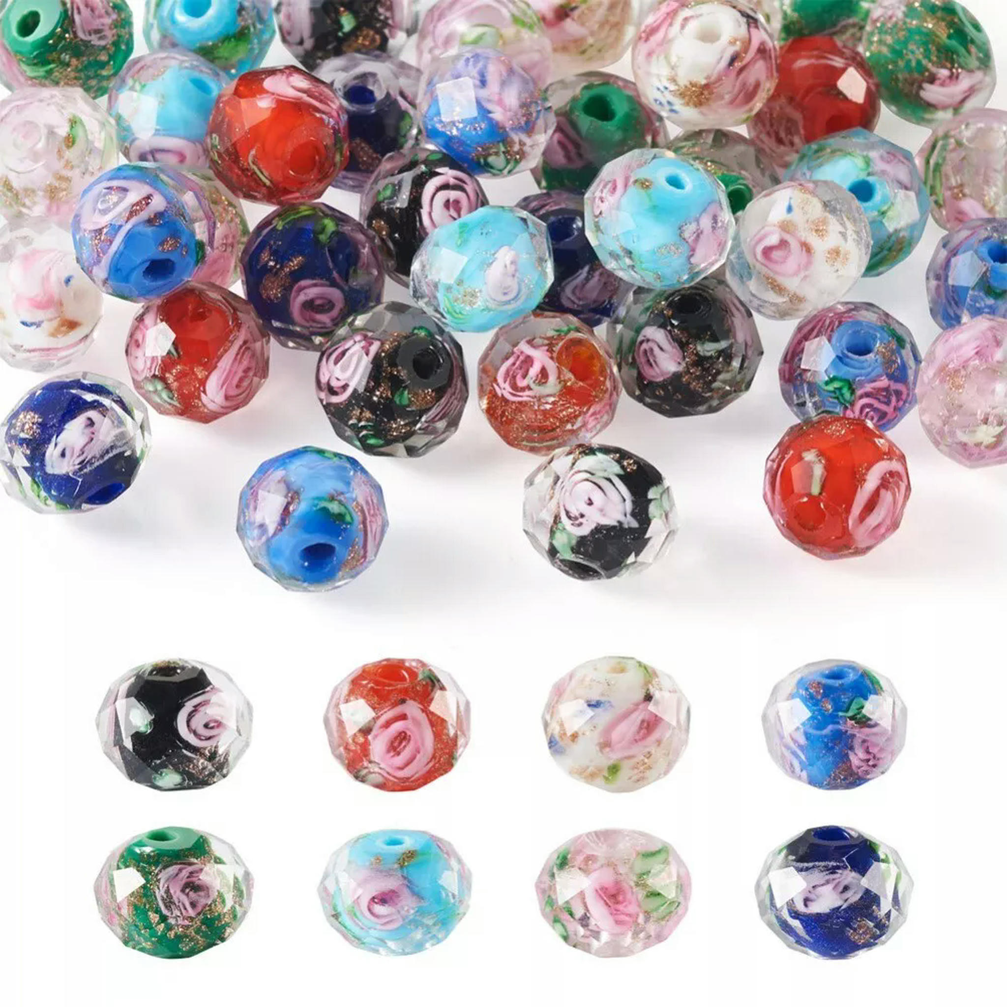 EOEMY 1 Box Inner Flower Faceted Rondelle Handmade Gold Sand Lampwork Beads 9~10X7~8mm