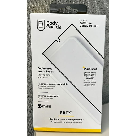 BodyGuardz PRTX Shatterproof Synthetic Antimicrobial Curved Glass Screen Protector - Samsung Galaxy S22 Ultra -  Transparent