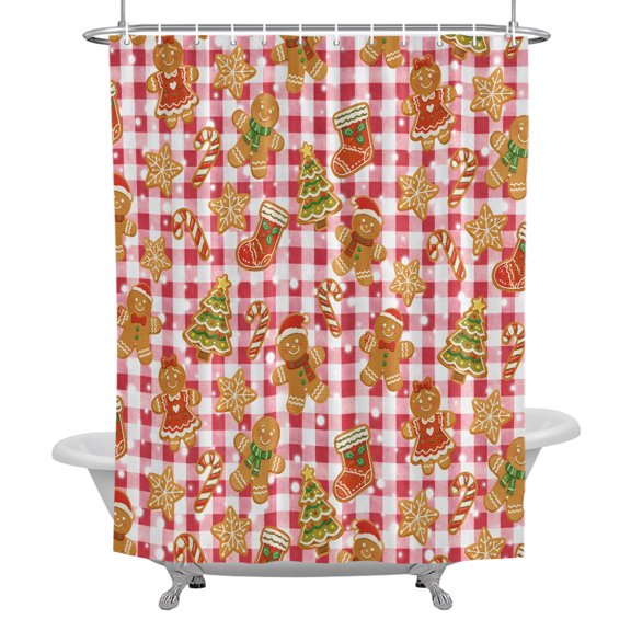 Bathroom Shower Curtain Christmas Tree Gingerbread Man Snowflake Waterproof Shower Curtains with Hooks, Red Plaid Bath Curtains Bathtub Curtain Home Decor 36x72in