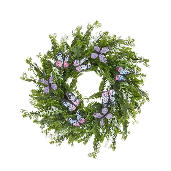 20'' Ferns Wreath for Front Door, with Butterflies- Large Artificial Greenery Outdoor Wreath for Porch,Window,Farmhouse,Home,Hanging Decor- Spring, Summer, All Seasons
