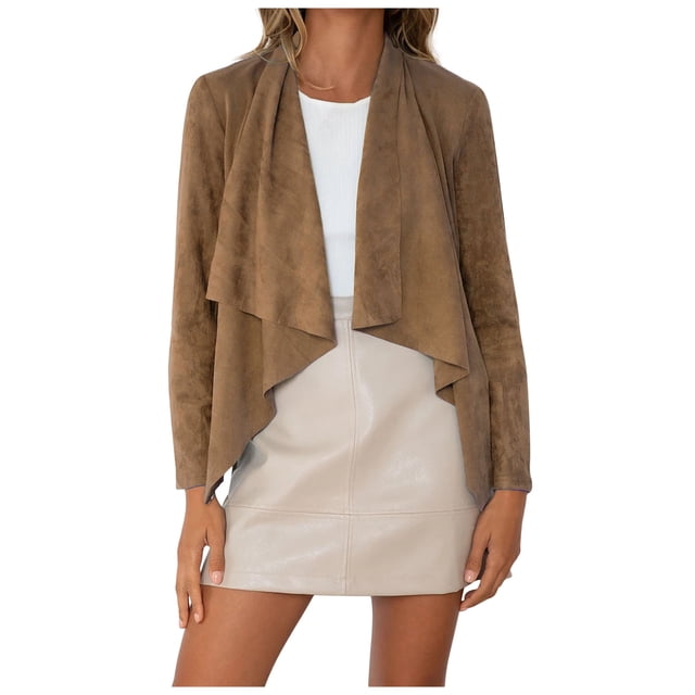 Pompotops Woman's Lapel Solid Color Faux Deerskin Velvet Short Cardigan Jacket Top