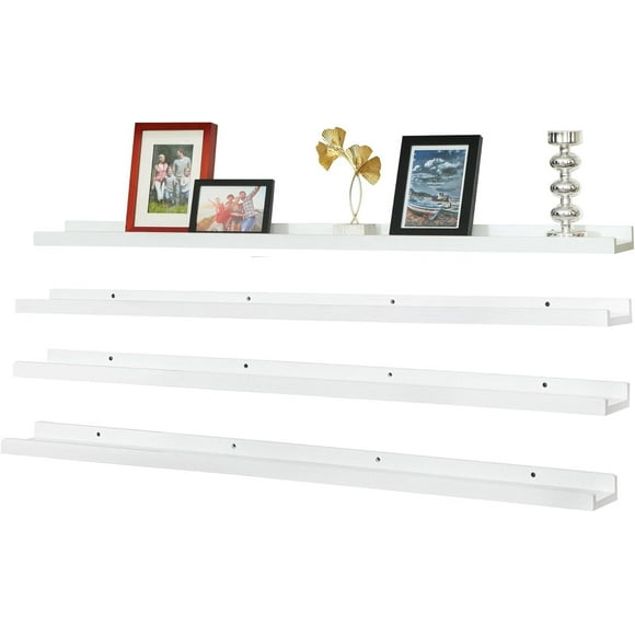 Picture Ledge Shelf,Long Floating Shelves with Lip Set of 4,Rustic Photo Frames Shelves Vinyl Record Book Storage Display for Living Room Kids Nursery Bedroom Kitchen Bathroom,47"(White)