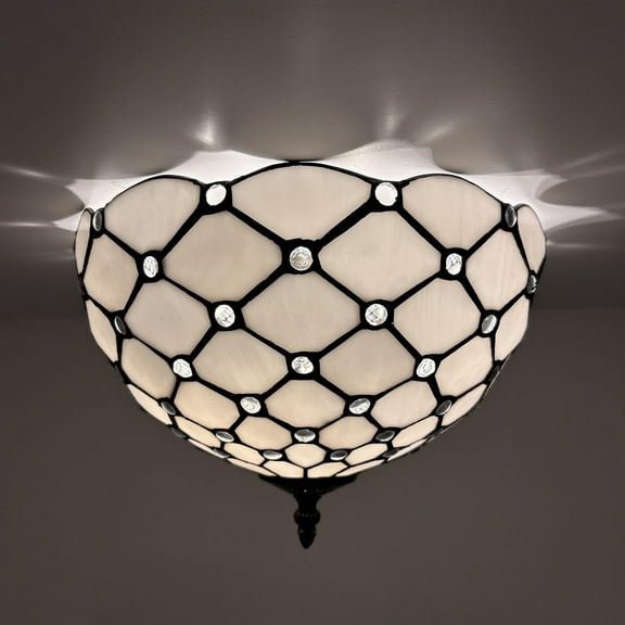 Tiffany Ceiling Lights Fixture 12"W White Stained Glass Crystal Beans LED Bulbs Included