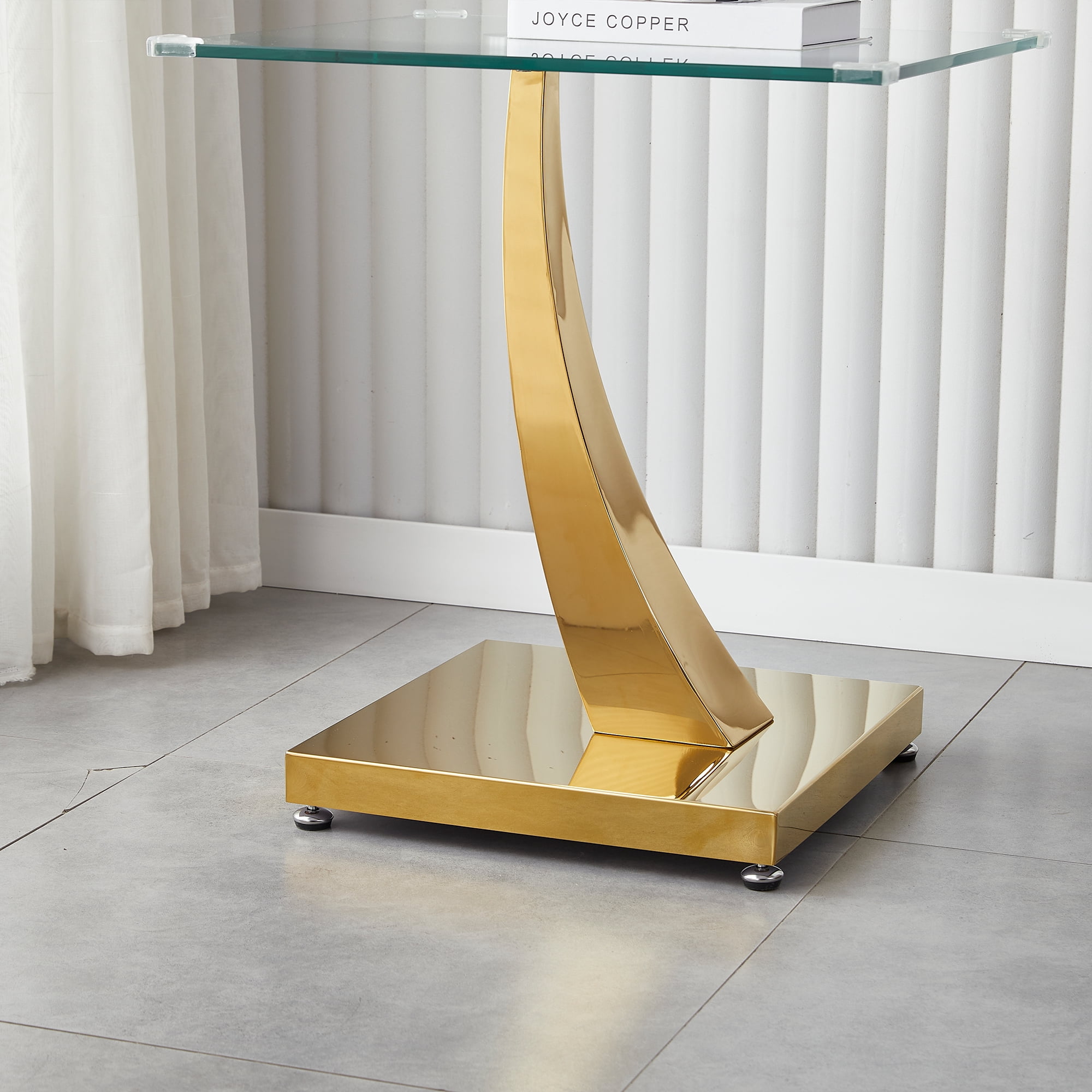 23.6" Modern Glass End Table, Square Sofa Side Coffee Table with Mirrored Stainless Steel Base for Living Room, Home Office.