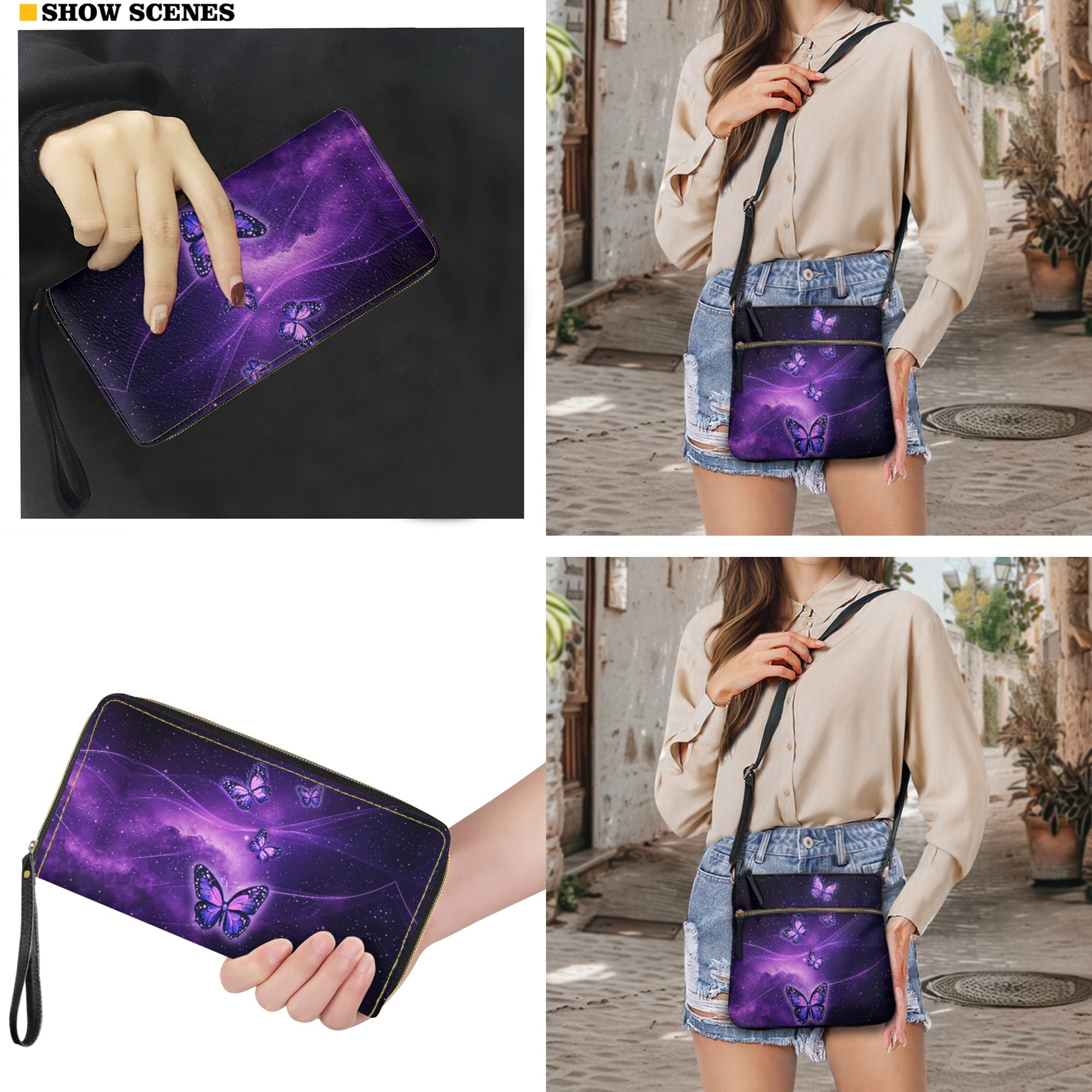 ZUXONGSY Butterfly Galaxy Print Leather Crossbody Handbag & Wallet Set for Women, Spacious Multi-Pocket Satchel with Adjustable Strap for Travel & Work