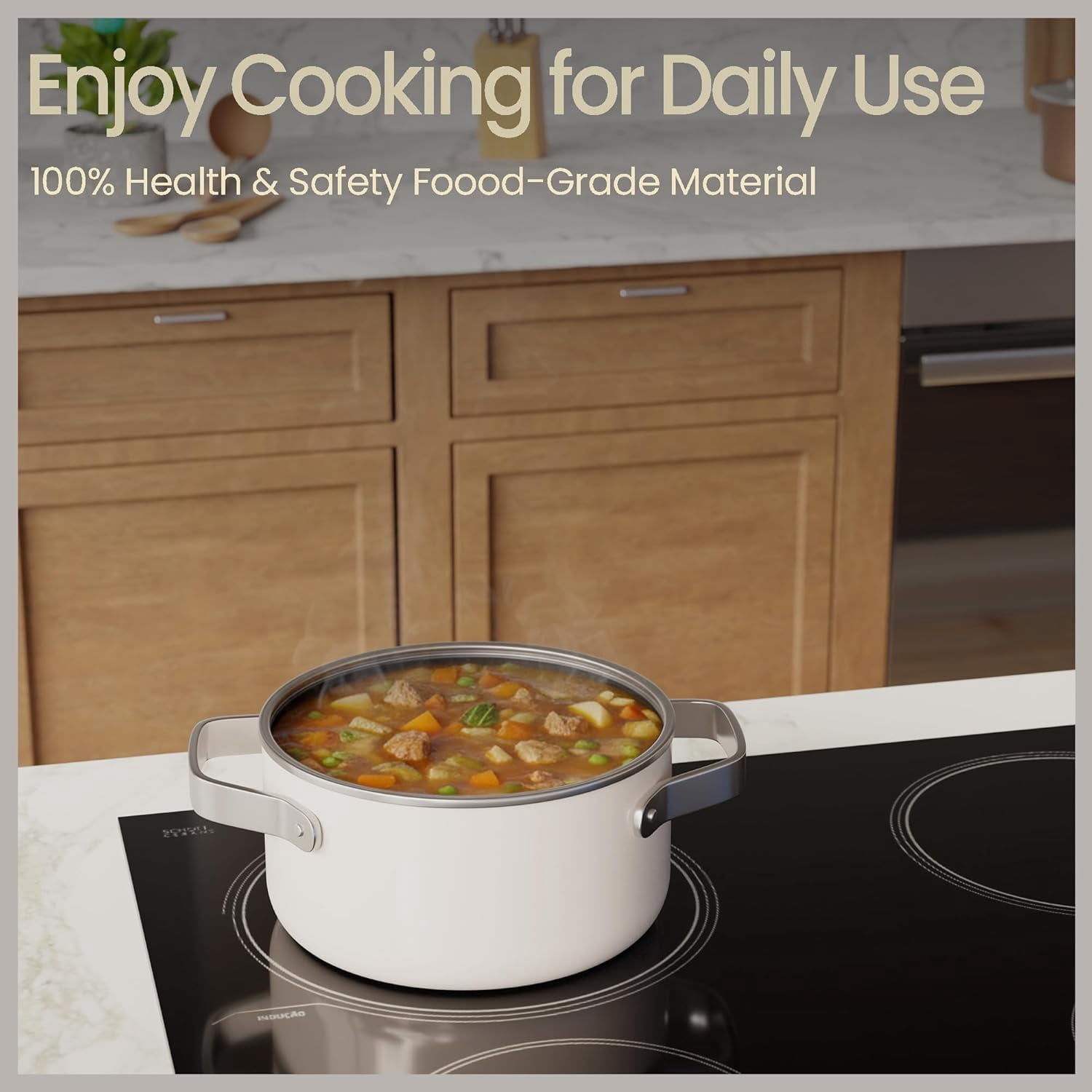 Bakken 3 Quart Ceramic Coated Stock Pot with Glass Lid, Nonstick, Oven Safe to 500°F, Stainless Steel Handles, All Stove Compatible, Cream