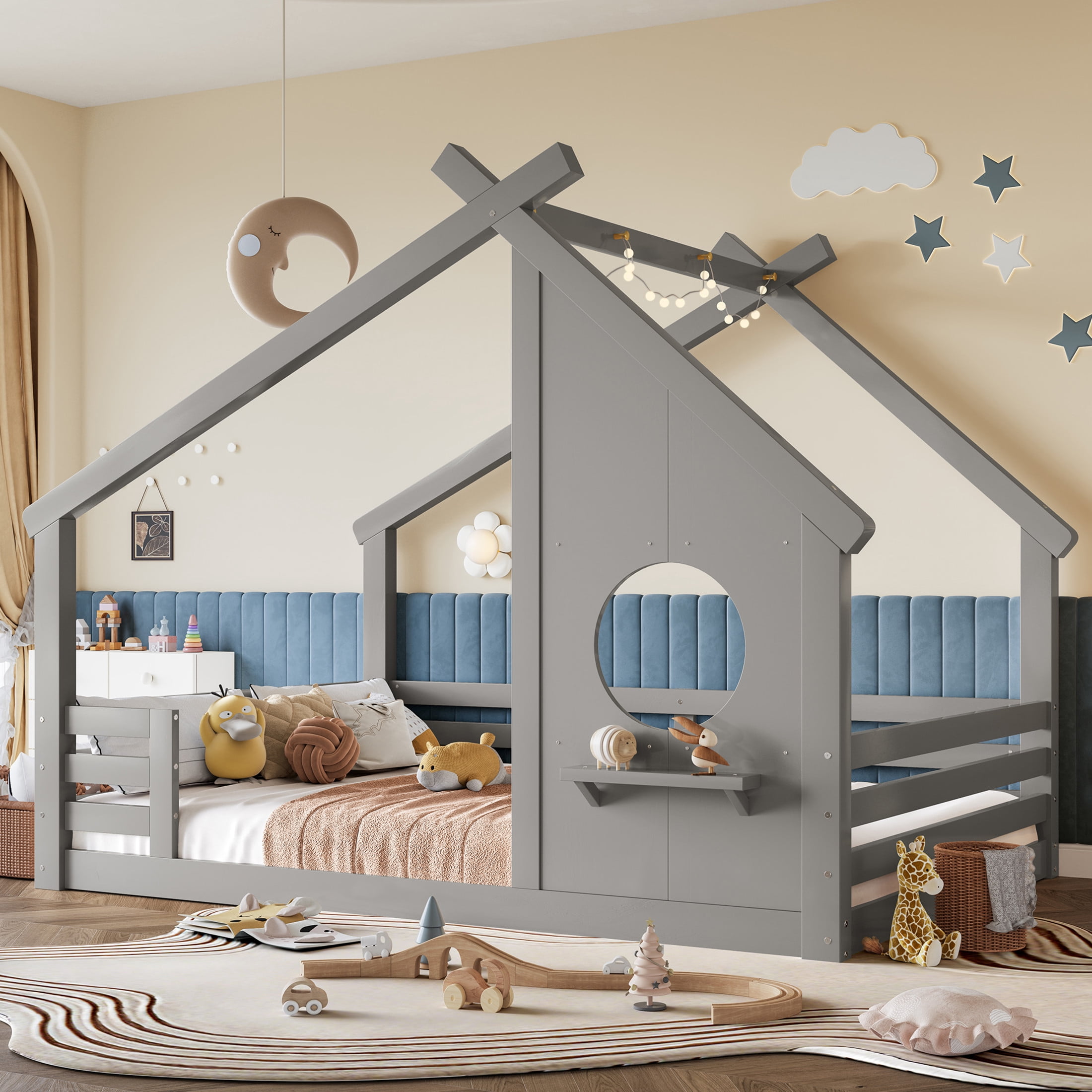 Noble House Full House Floor Bed with Small Shelf, Montessori Kids Bed Frame, Gray