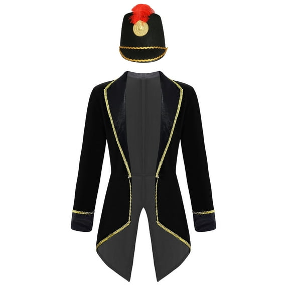 iiniim Girls Circus Drummer Long Sleeves Tuxedo Coat with Drummer Cap Set Halloween Cosplay Black 10