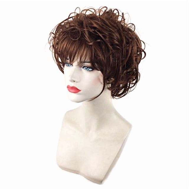 Peluca de cosplay sintética corta, rizada, marrón, 15 cm, para mujer