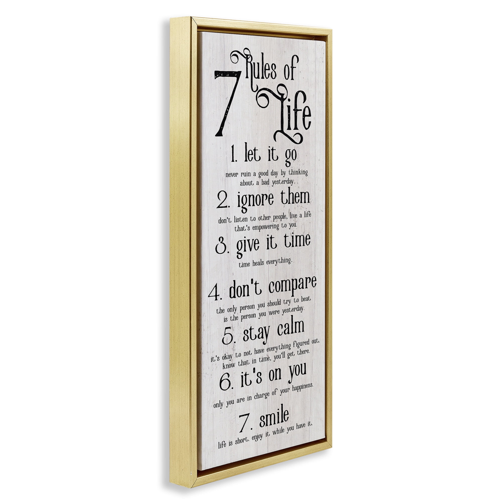 Stupell Industries Rules Of Life Motivating List Inspirational Painting Gold Floater Framed Canvas Art Print Wall Art, 11 x 25