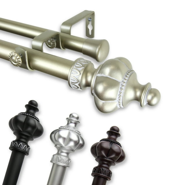 1" Dia Adjustable 120"-170" Double Curtain Rod with Gerald Finials - Satin Nickel,(100-10-995-D)