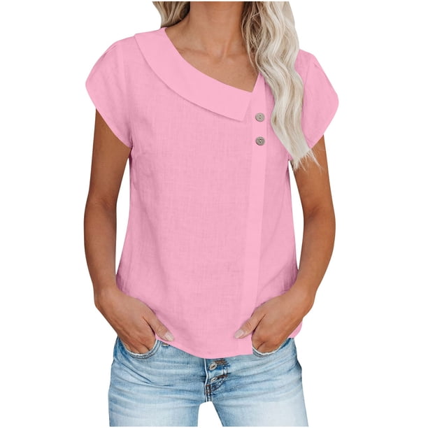 TaTaai Womens solid crew neck t-shirt, linen cotton blend, short sleeve, button cuff, cutout design, casual comfortable, lightweight, perfect for weekend trips & casual gatherings Gift